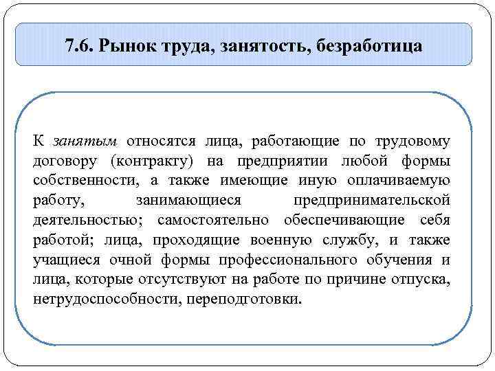 7. 6. Рынок труда, занятость, безработица К занятым относятся лица, работающие по трудовому договору