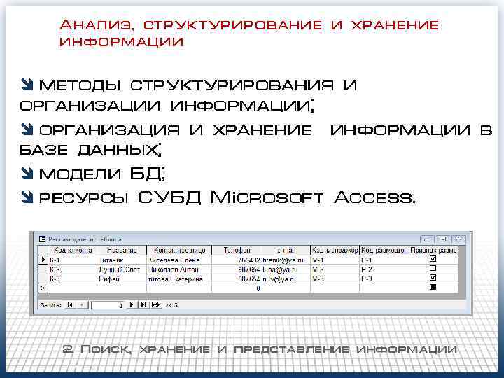 Анализ, структурирование и хранение информации î методы структурирования и организации информации; î организация и