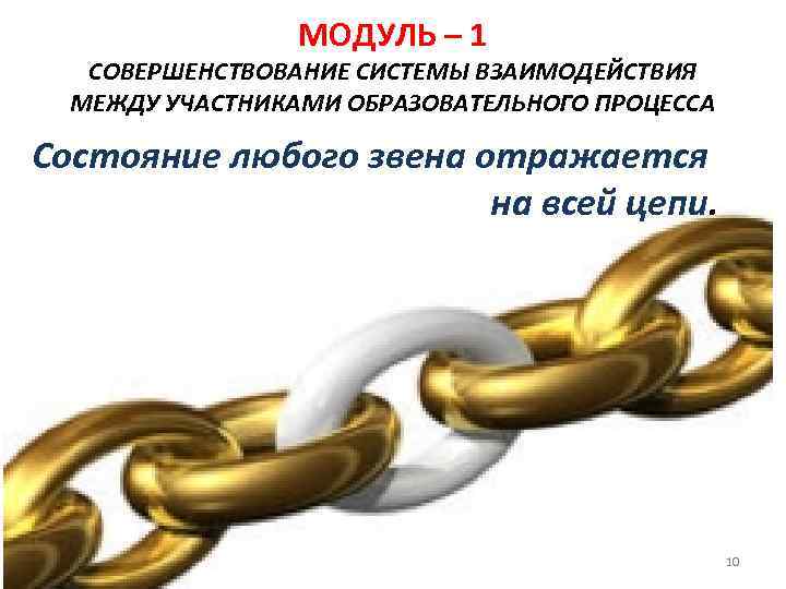МОДУЛЬ – 1 СОВЕРШЕНСТВОВАНИЕ СИСТЕМЫ ВЗАИМОДЕЙСТВИЯ МЕЖДУ УЧАСТНИКАМИ ОБРАЗОВАТЕЛЬНОГО ПРОЦЕССА Состояние любого звена отражается