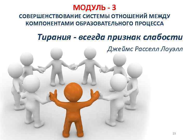 МОДУЛЬ - 3 СОВЕРШЕНСТВОВАНИЕ СИСТЕМЫ ОТНОШЕНИЙ МЕЖДУ КОМПОНЕНТАМИ ОБРАЗОВАТЕЛЬНОГО ПРОЦЕССА Тирания - всегда признак