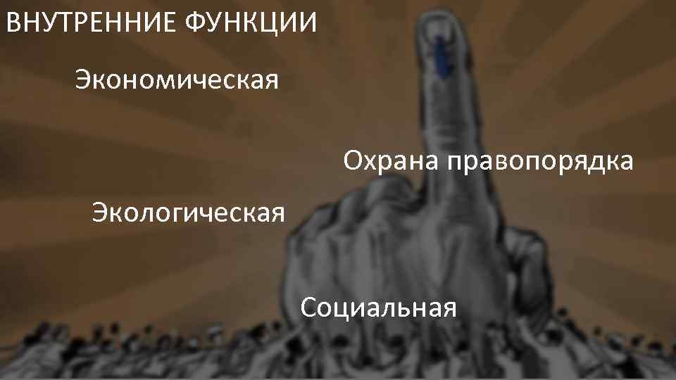 Внутренние ВНУТРЕННИЕ ФУНКЦИИ Экономическая Охрана правопорядка Экологическая Социальная 