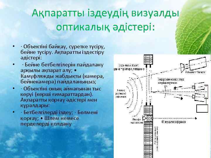 Ақпаратты іздеудің визуалды оптикалық әдістері: • · Объектіні байқау, суретке түсіру, бейне түсіру. Ақпаратты