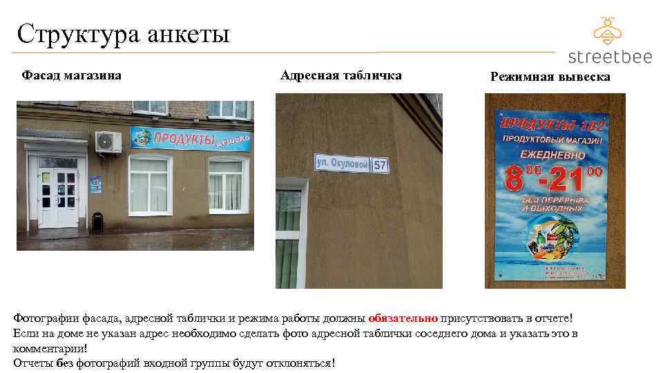 Структура анкеты Фасад магазина Адресная табличка Режимная вывеска Фотографии фасада, адресной таблички и режима