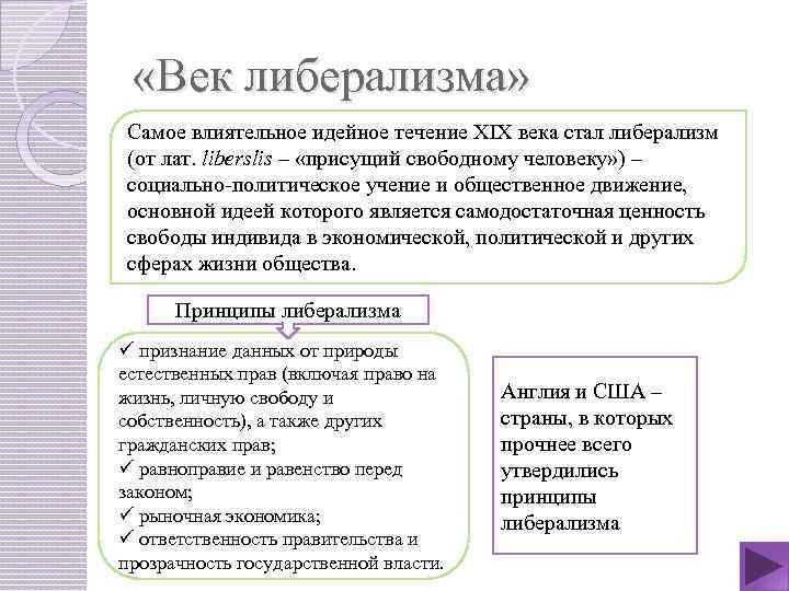  «Век либерализма» Самое влиятельное идейное течение XIX века стал либерализм (от лат. liberslis