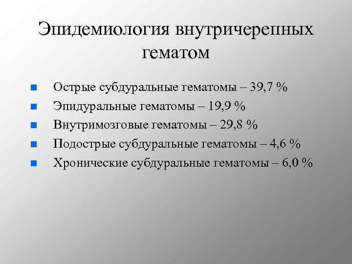 Эпидемиология внутричерепных гематом n n n Острые субдуральные гематомы – 39, 7 % Эпидуральные