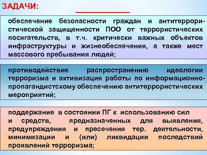 ЗАДАЧИ: обеспечение безопасности граждан и антитеррористической защищенности ПОО от террористических посягательств, в т. ч.