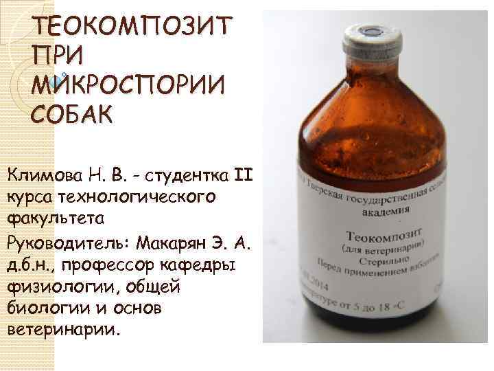 ТЕОКОМПОЗИТ ПРИ МИКРОСПОРИИ СОБАК Климова Н. В. - студентка II курса технологического факультета Руководитель: