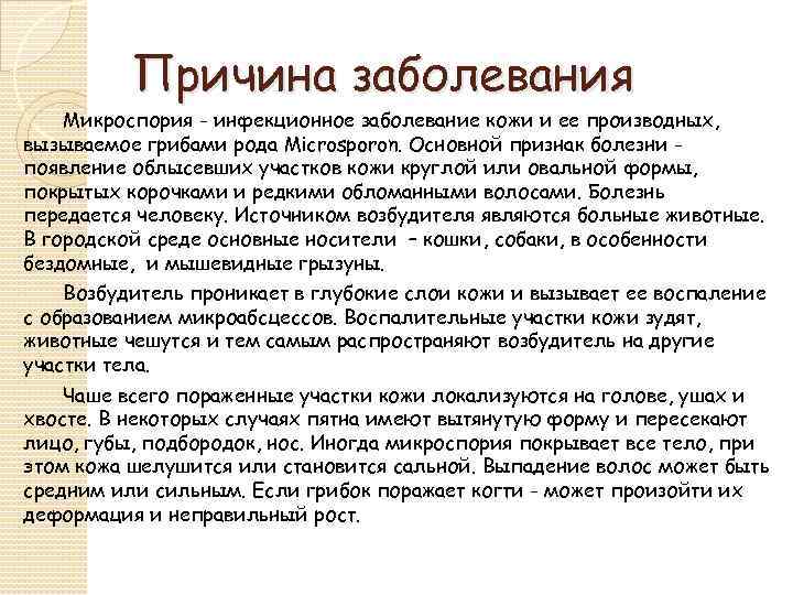 Причина заболевания Микроспория - инфекционное заболевание кожи и ее производных, вызываемое грибами рода Microsporon.