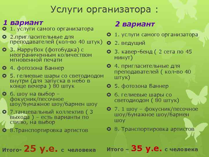 Услуги организатора : 1 вариант 1. услуги самого организатора 2. пригласительные для преподавателей (кол-во