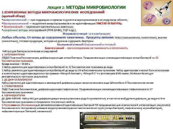 ЛЕКЦИЯ 2: МЕТОДЫ МИКРОБИОЛОГИИ 1. СОВРЕМЕННЫЕ МЕТОДЫ МИКРОБИОЛОГИЧЕСКИХ ИССЛЕДОВАНИЙ (краткий обзор) §микроскопический — при