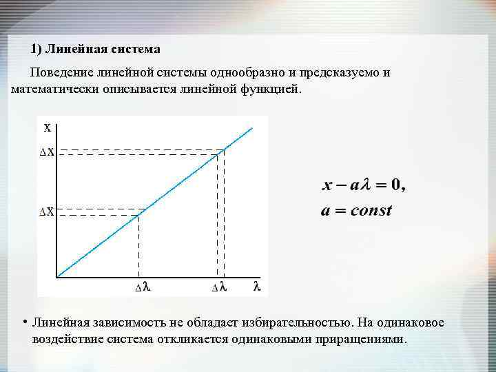 1) Линейная система Поведение линейной системы однообразно и предсказуемо и математически описывается линейной функцией.