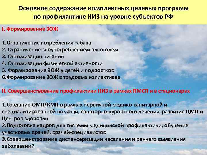 Основное содержание комплексных целевых программ по профилактике НИЗ на уровне субъектов РФ I. Формирование