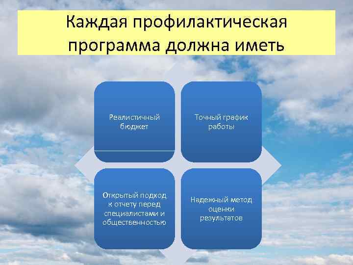 Каждая профилактическая программа должна иметь Реалистичный бюджет Точный график работы Открытый подход к отчету