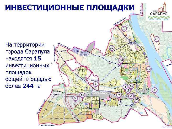 ИНВЕСТИЦИОННЫЕ ПЛОЩАДКИ На территории города Сарапула находятся 15 инвестиционных площадок общей площадью более 244