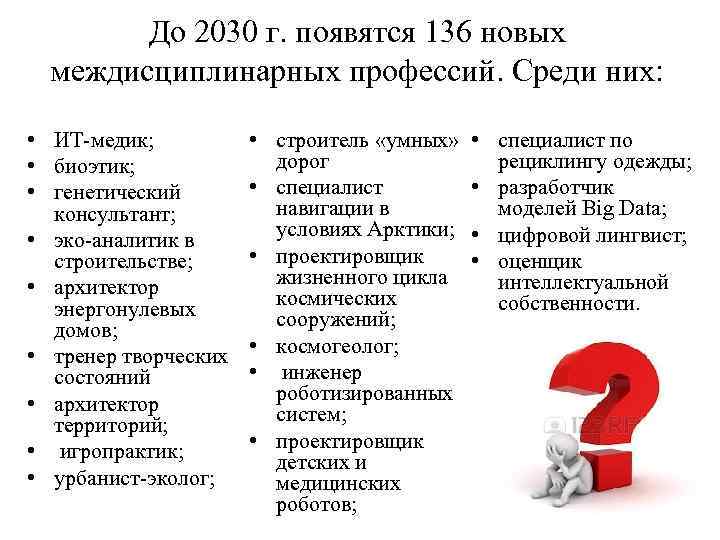 До 2030 г. появятся 136 новых междисциплинарных профессий. Среди них: • ИТ медик; •