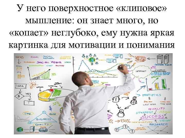 У него поверхностное «клиповое» мышление: он знает много, но «копает» неглубоко, ему нужна яркая