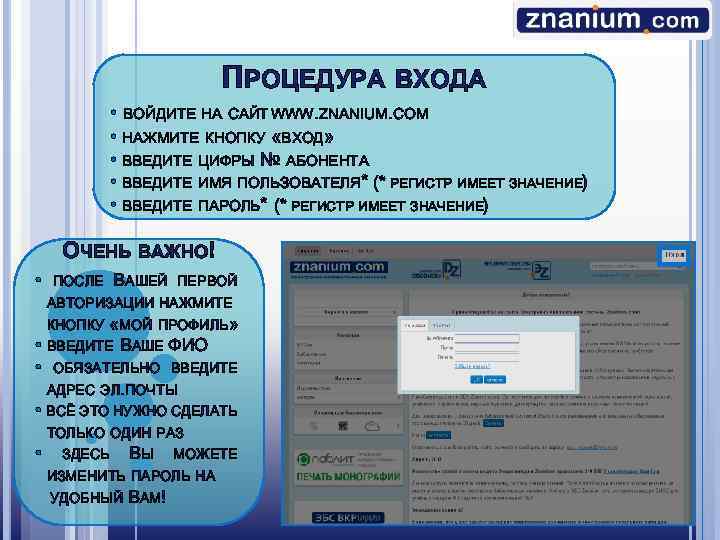 ПРОЦЕДУРА ВХОДА • ВОЙДИТЕ НА САЙТ WWW. ZNANIUM. COM • НАЖМИТЕ КНОПКУ «ВХОД» •