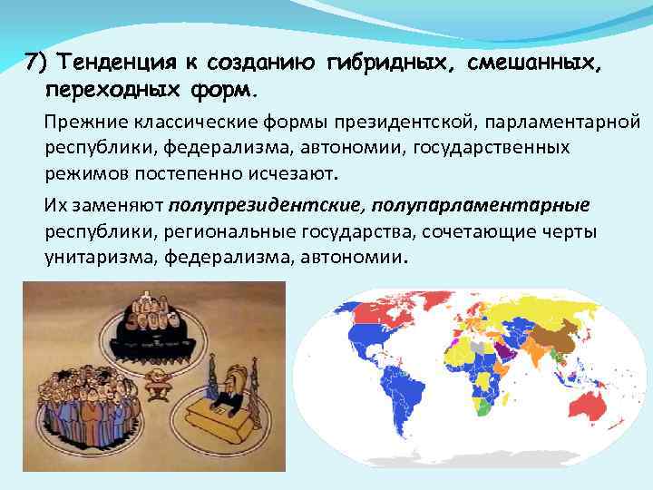 7) Тенденция к созданию гибридных, смешанных, переходных форм. Прежние классические формы президентской, парламентарной республики,