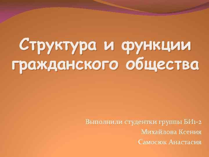 Структура и функции гражданского общества Выполнили студентки группы БИ 1 -2 Михайлова Ксения Самосюк