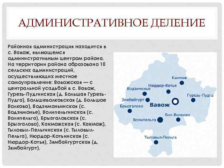 АДМИНИСТРАТИВНОЕ ДЕЛЕНИЕ Районная администрация находится в с. Вавож, являющемся административным центром района. На территории