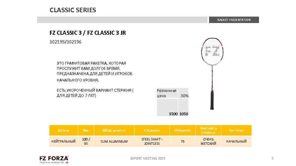 CLASSIC SERIES RACKET PRESENTATION FZ CLASSIC 3 / FZ CLASSIC 3 JR 302195/302196 ЭТО