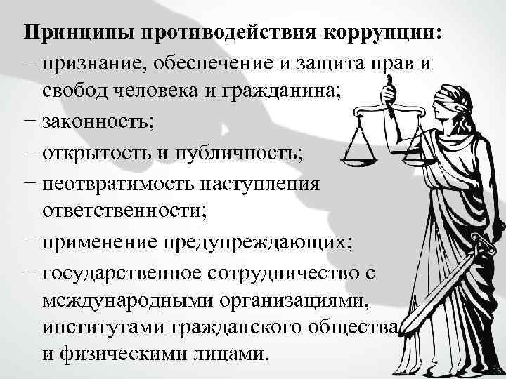 Принципы противодействия коррупции: − признание, обеспечение и защита прав и свобод человека и гражданина;