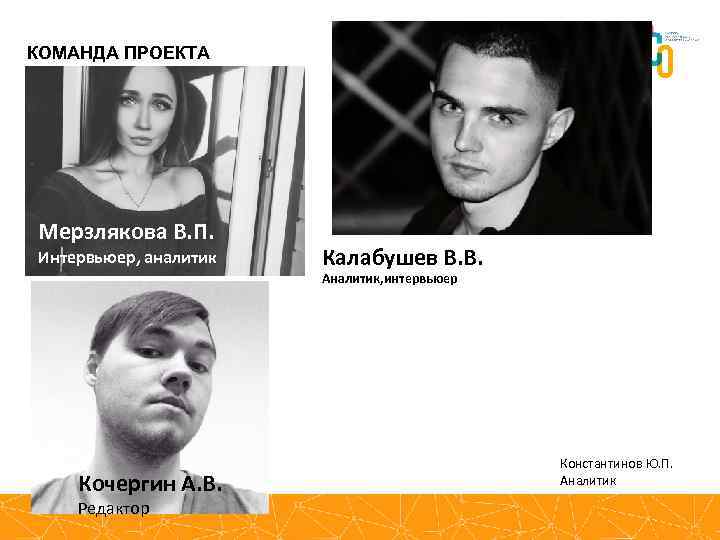 КОМАНДА ПРОЕКТА Мерзлякова В. П. Интервьюер, аналитик Калабушев В. В. Аналитик, интервьюер Кочергин А.