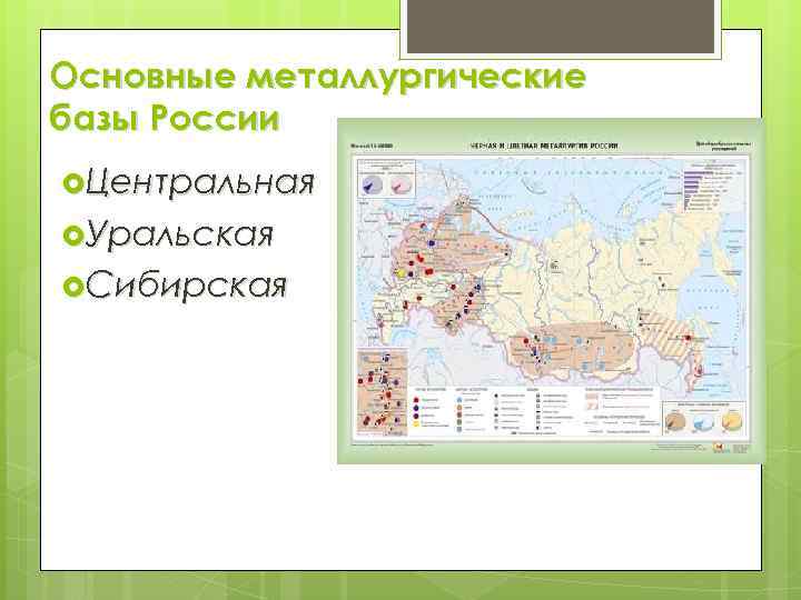 Основные металлургические базы России Центральная Уральская Сибирская 