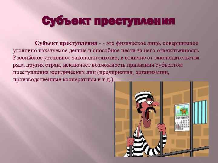 Субъект преступления - - это физическое лицо, совершившее уголовно наказуемое деяние и способное нести