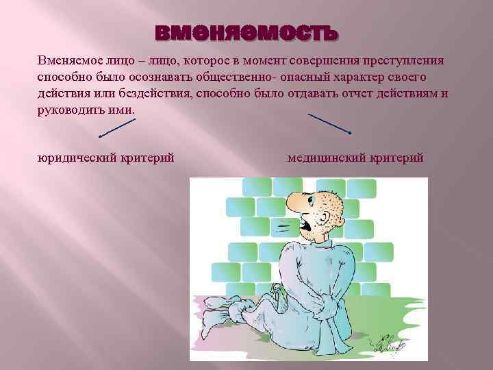 вменяемость Вменяемое лицо – лицо, которое в момент совершения преступления способно было осознавать общественно-