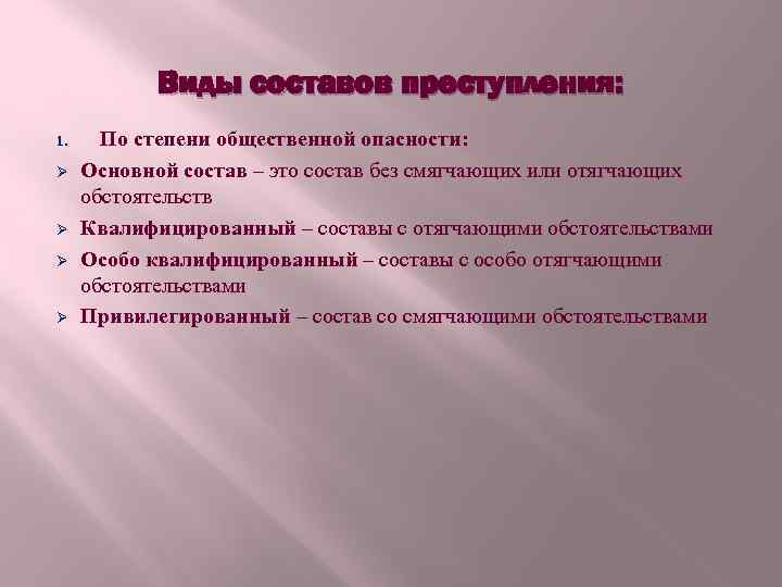Виды составов преступления: 1. Ø Ø По степени общественной опасности: Основной состав – это
