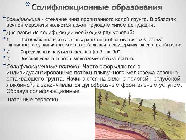 * * Солифлюкция – стекание вниз пропитанного водой грунта. В областях вечной мерзлоты является