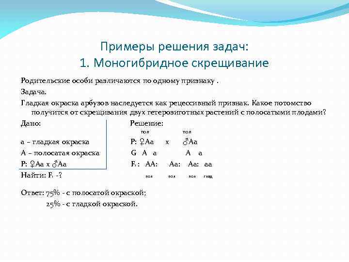 Примеры решения задач: 1. Моногибридное скрещивание Родительские особи различаются по одному признаку. Задача. Гладкая