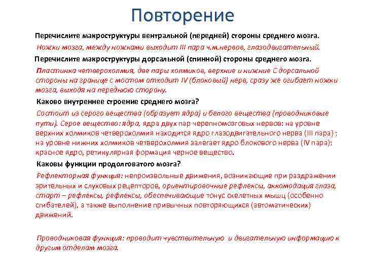 Повторение Перечислите макроструктуры вентральной (передней) стороны среднего мозга. Ножки мозга, между ножками выходит ІІІ