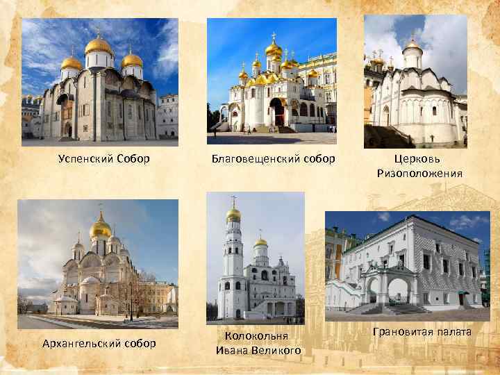 Успенский Собор Архангельский собор Благовещенский собор Колокольня Ивана Великого Церковь Ризоположения Грановитая палата 