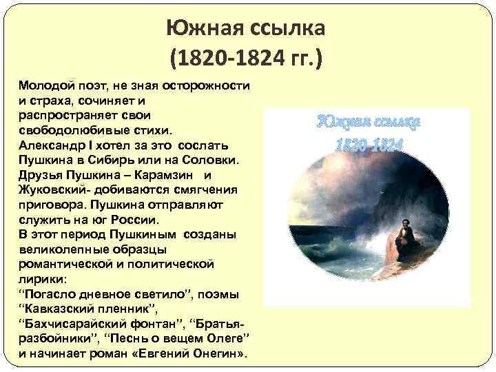 Южная ссылка (1820 -1824 гг. ) Молодой поэт, не зная осторожности и страха, сочиняет