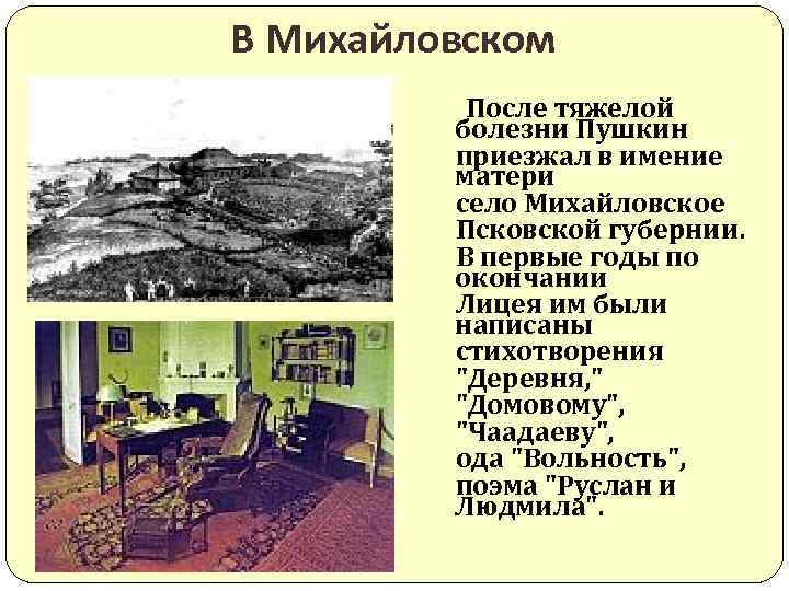 В Михайловском После тяжелой болезни Пушкин приезжал в имение матери село Михайловское Псковской губернии.