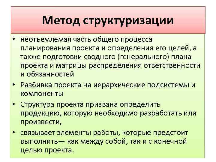 Метод структуризации • неотъемлемая часть общего процесса планирования проекта и определения его целей, а