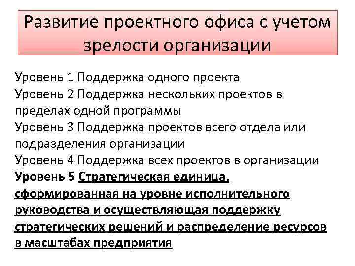 Развитие проектного офиса с учетом зрелости организации Уровень 1 Поддержка одного проекта Уровень 2