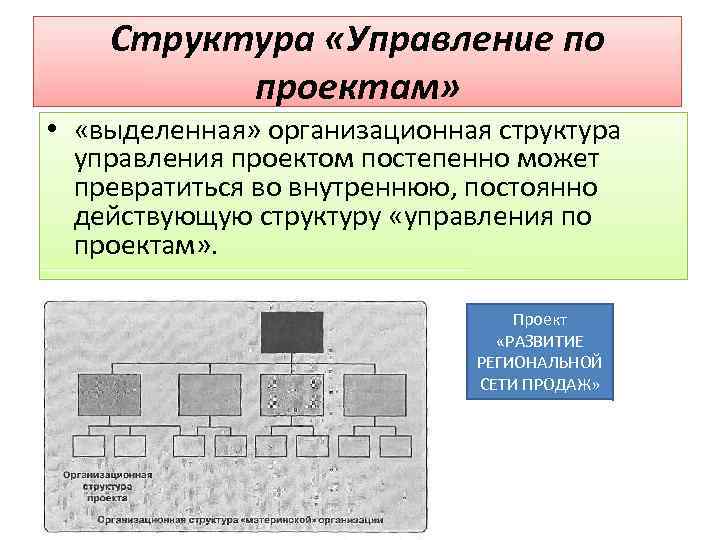 Структура «Управление по проектам» • «выделенная» организационная структура управления проектом постепенно может превратиться во