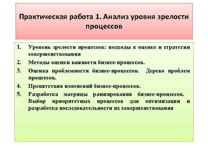 Практическая работа 1. Анализ уровня зрелости процессов 1. 2. 3. 4. 5. Уровень зрелости