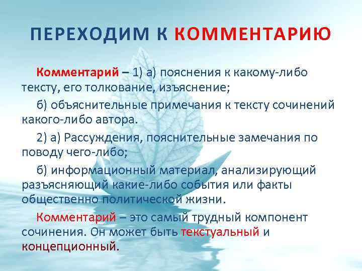 ПЕРЕХОДИМ К КОММЕНТАРИЮ Комментарий – 1) а) пояснения к какому-либо тексту, его толкование, изъяснение;