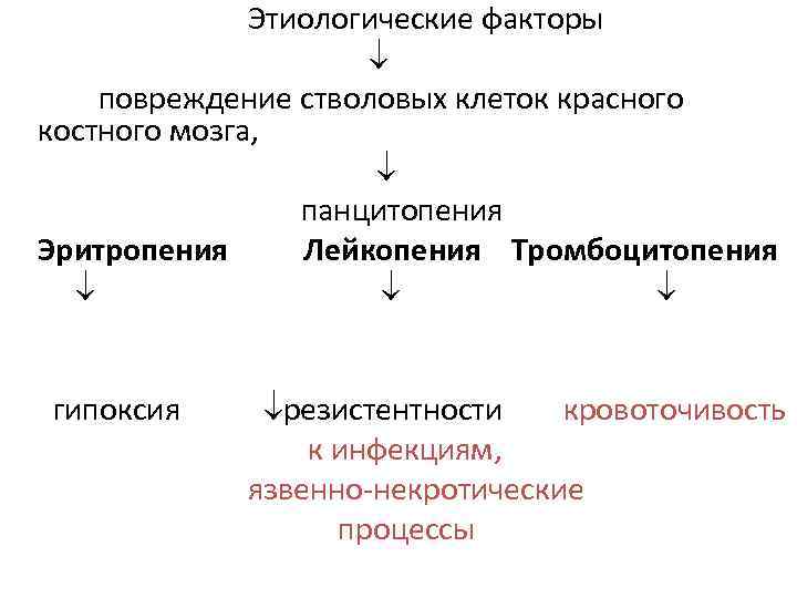  Этиологические факторы повреждение стволовых клеток красного костного мозга, панцитопения Эритропения Лейкопения Тромбоцитопения гипоксия