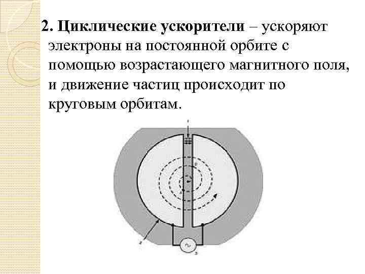 2. Циклические ускорители – ускоряют электроны на постоянной орбите с помощью возрастающего магнитного поля,