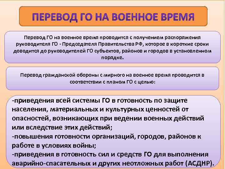 Перевод ГО на военное время проводится с получением распоряжения руководителя ГО - Председателя Правительства