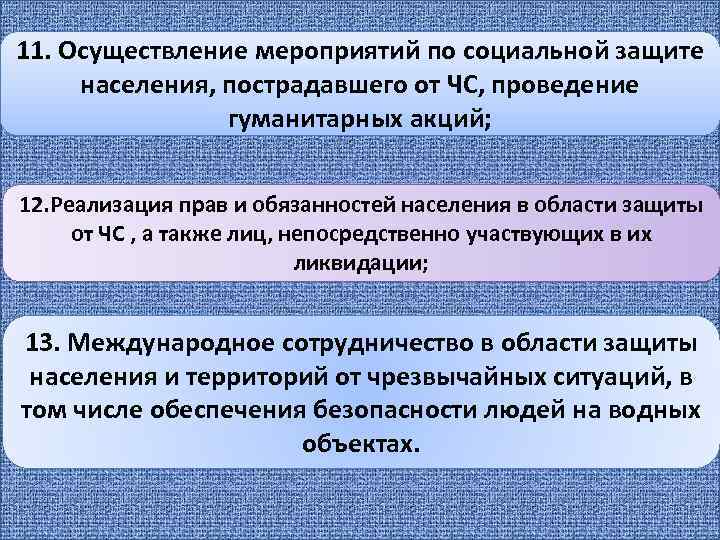 11. Осуществление мероприятий по социальной защите населения, пострадавшего от ЧС, проведение гуманитарных акций; 12.