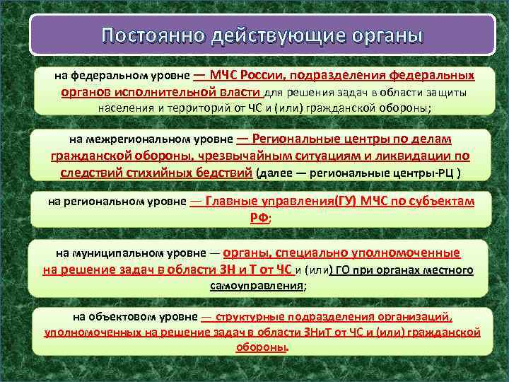 Постоянно действующие органы на федеральном уровне — МЧС России, подразделения федеральных органов исполнительной власти