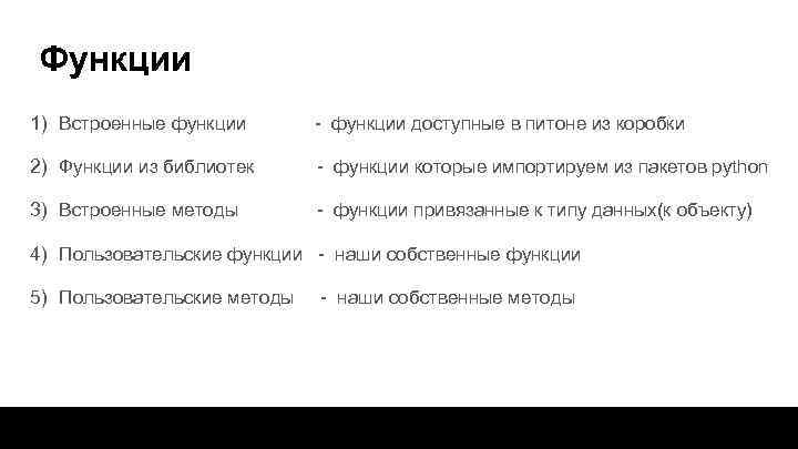 Функции 1) Встроенные функции - функции доступные в питоне из коробки 2) Функции из