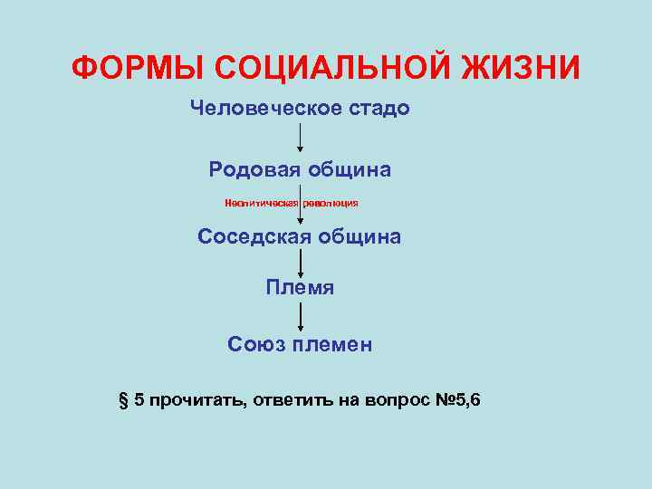 ФОРМЫ СОЦИАЛЬНОЙ ЖИЗНИ Человеческое стадо Родовая община Неолитическая революция Соседская община Племя Союз племен