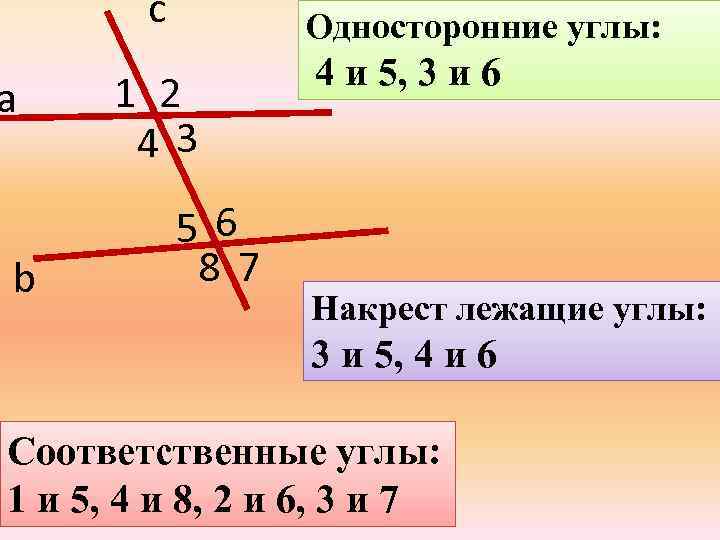 с а b Односторонние углы: 1 2 43 56 87 4 и 5, 3